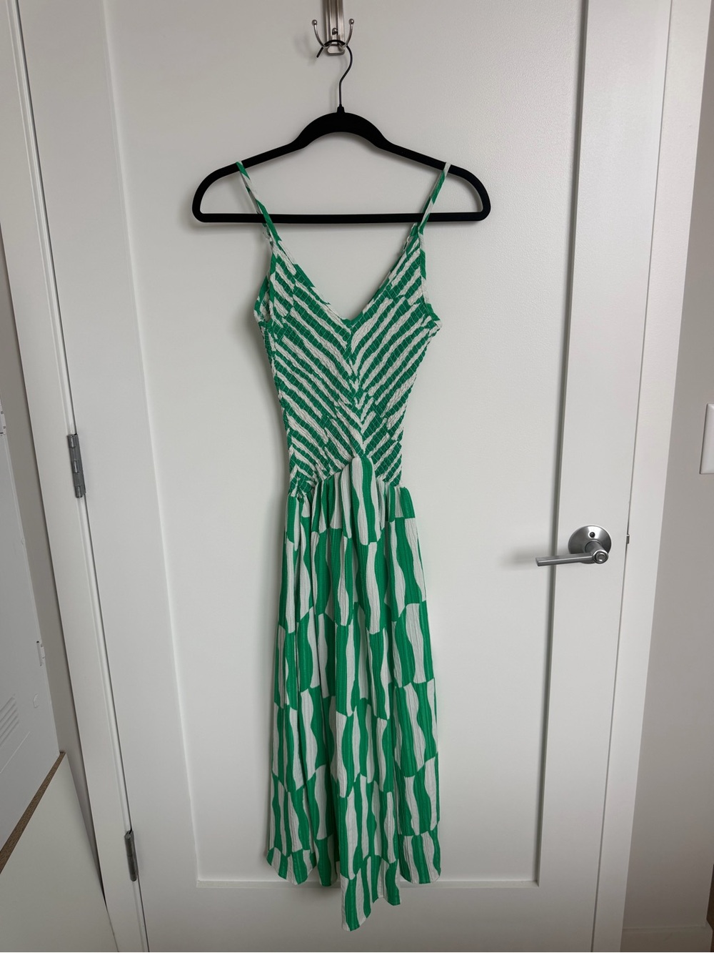 Green and White Printed Spaghetti-Strap Maxi Dress